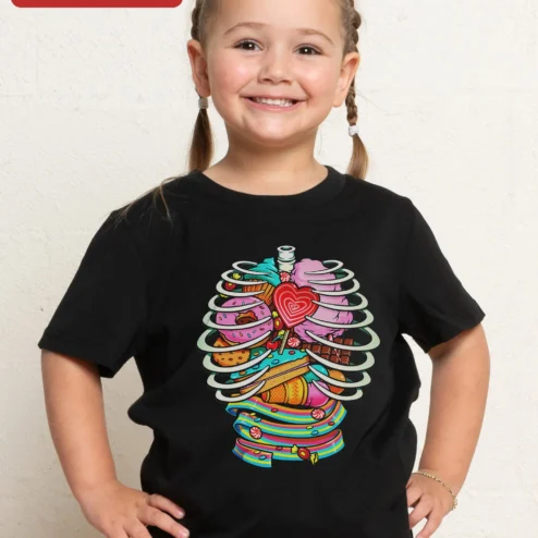 Sugar Anatomy Kids Tee Funny Candy Ribcage Halloween Costume Shirt for Children on a hanger, ready to ship from Chicago, Illinois