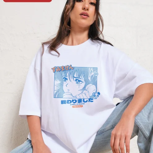 Sumimasen Sorry It's Over Japanese Text Graphic Tee for Anime Fans on a hanger, ready to ship from Chicago, Illinois