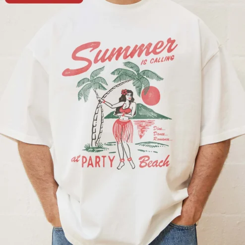 Summer is Calling at PARTY Beach Tee Vintage Hula Girl Tropical Graphic Shirt for Women Men