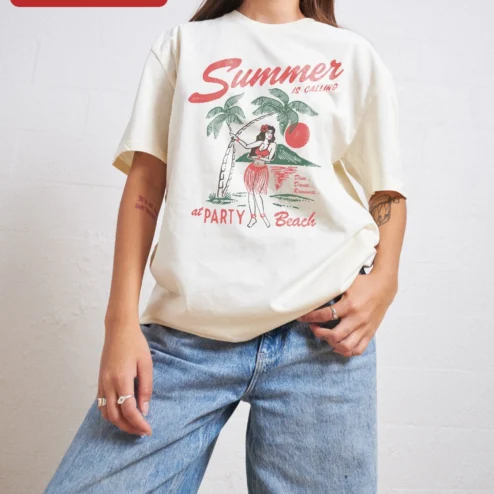 Customer in Chicago, Illinois wearing Summer is Calling Tee Retro Hula Girl Tropical Vacation Graphic Shirt for Women