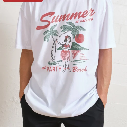 Close-up of Summer is Calling Tee Retro Hula Girl Tropical Vacation Graphic Shirt for Women for streetwear fans in Chicago, Illinois