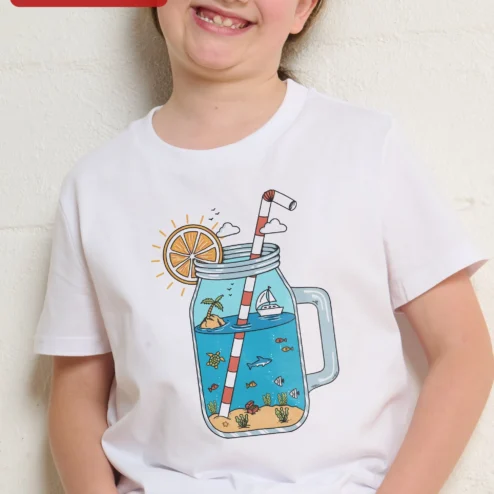 Summer Ocean in a Jar Kids Tee Cute Mason Jar Beach Graphic T-Shirt for Boys Girls Summer Vacation G on a hanger, ready to ship from Chicago, Illinois