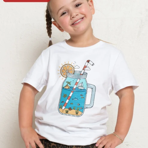 Summer Ocean in a Jar Kids Tee Cute Mason Jar Beach Graphic T-Shirt for Boys Girls Summer Vacation Gift
