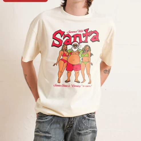 Summer With Santa Claus Is Coming To Town Funny Christmas In July Graphic Tee