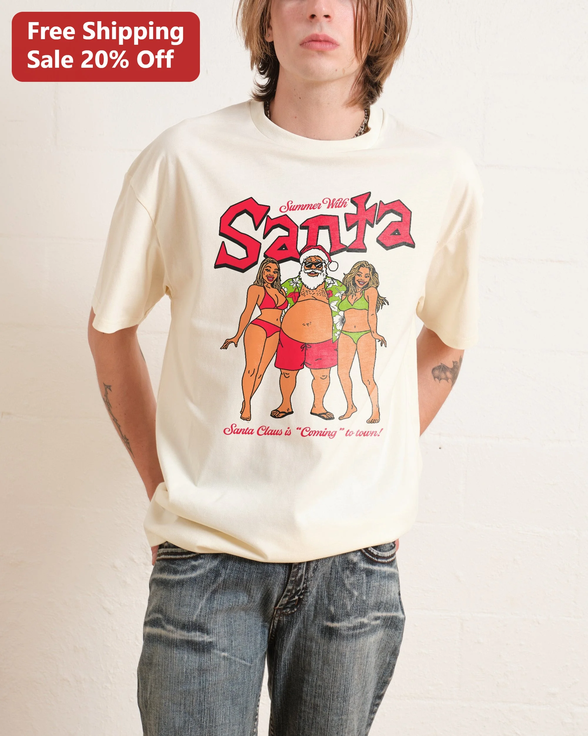 Summer With Santa Claus Is Coming To Town Funny Christmas In July Graphic Tee