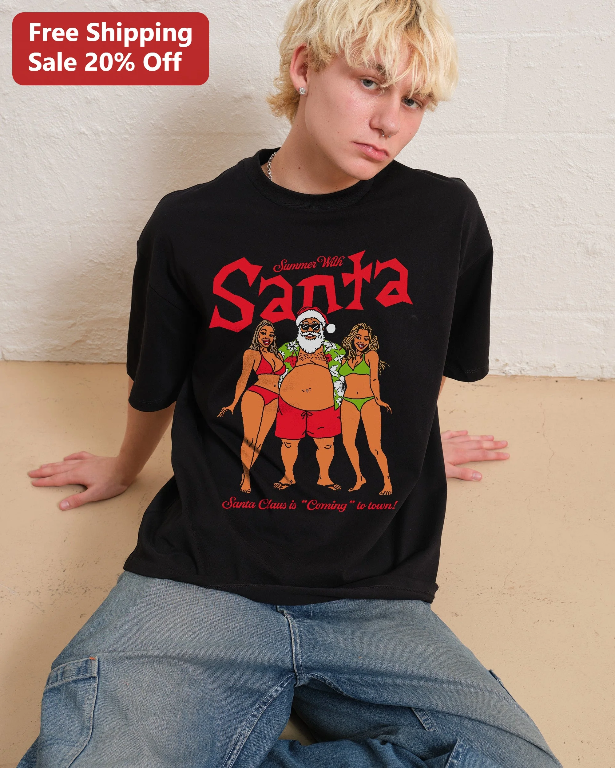 Summer With Santa Claus Is Coming To Town Tropical Holiday Humor Tee
