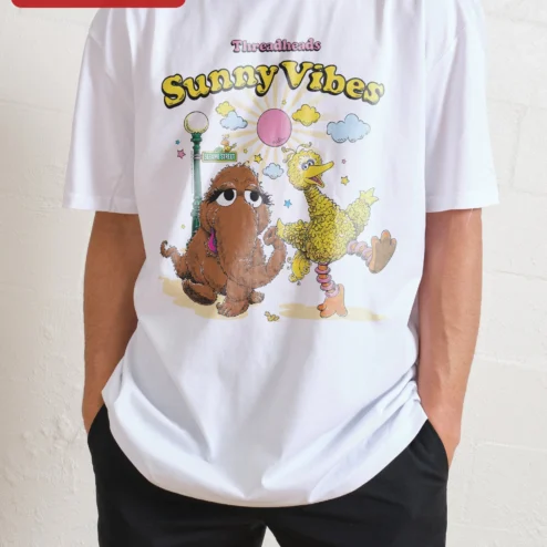 Close-up of Sunny Vibes Big Bird Snuffleupagus Sesame Street Graphic Tee for streetwear fans in Chicago, Illinois