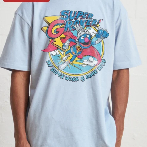 Super Grover My Super Work Is Done Here Vintage Comic Graphic Tee on a hanger, ready to ship from Chicago, Illinois