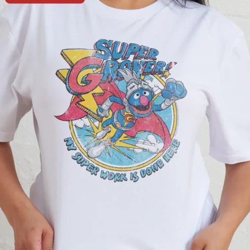 Customer in Chicago, Illinois wearing Super Grover My Super Work Is Done Here Vintage Comic Graphic Tee