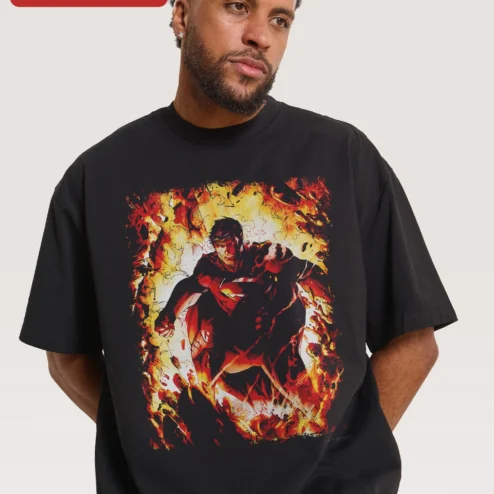 Superman Flaming Comic Book Art Graphic Tee Black Cotton Short Sleeve Shirt for Men Women DC Fans