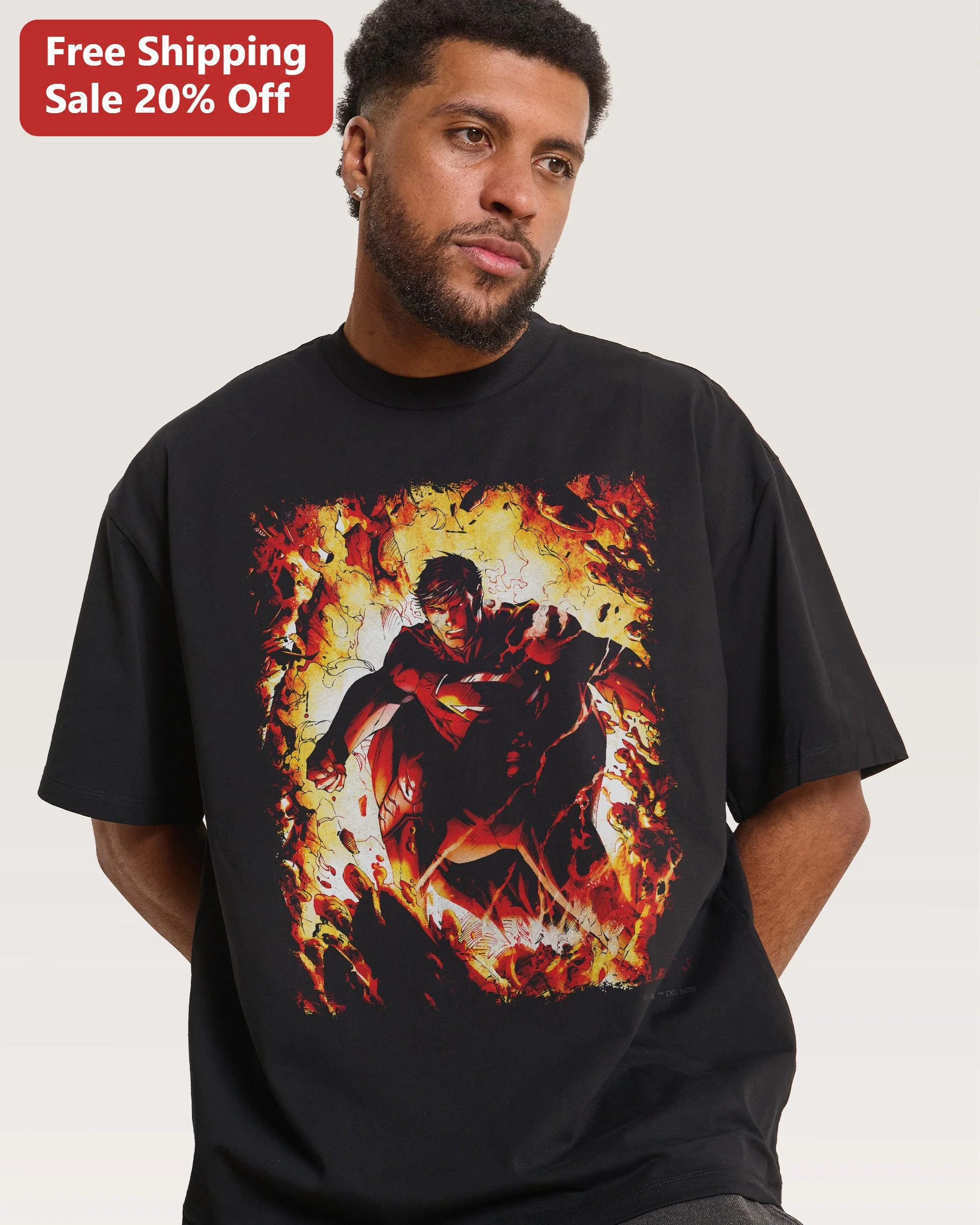 Superman Flaming Comic Book Art Graphic Tee Black Cotton Short Sleeve Shirt for Men Women DC Fans