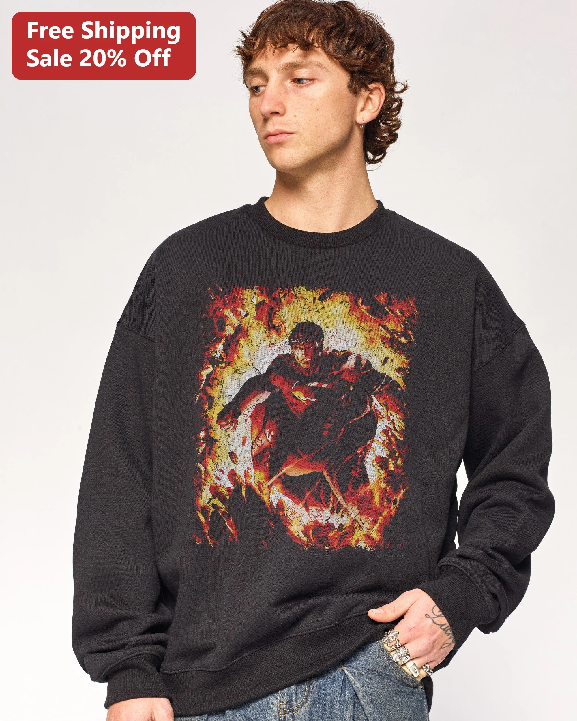 Superman Flaming Distressed Vintage Crewneck Sweatshirt for Men