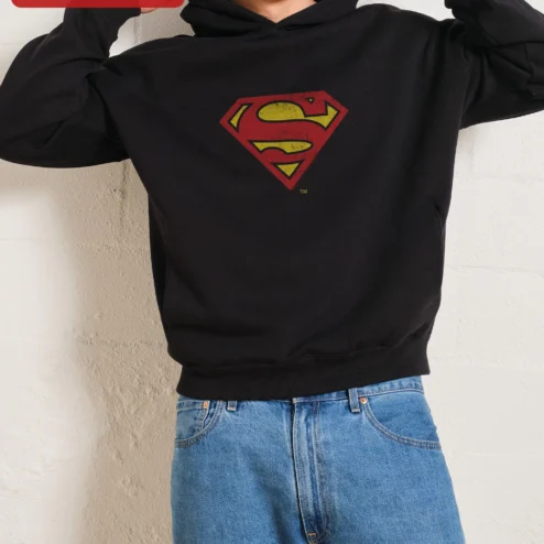 Superman Hoodie Vintage Distressed Logo Black Pullover for Men DC Comics Fans