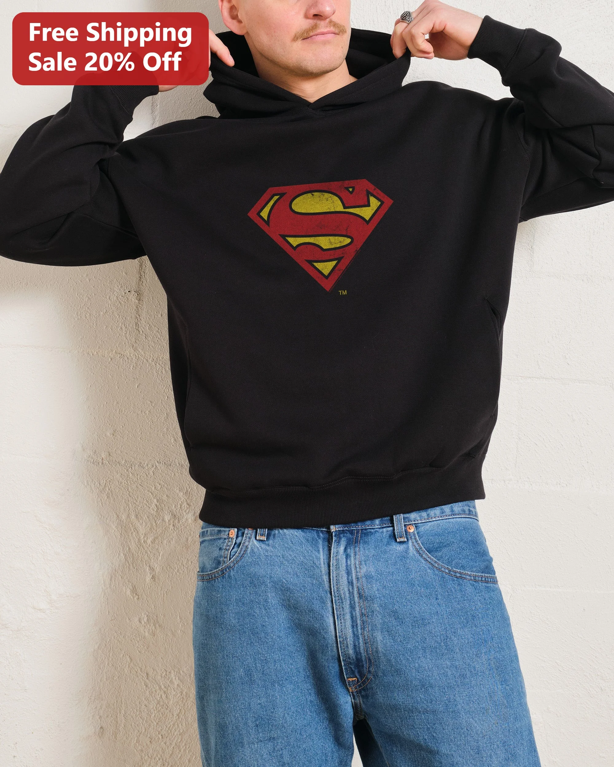 Superman Hoodie Vintage Distressed Logo Black Pullover for Men DC Comics Fans