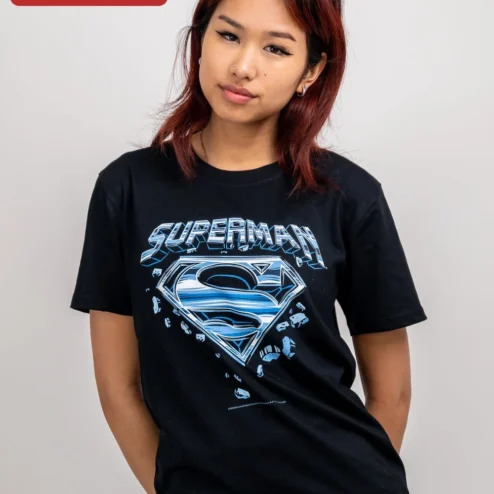 Superman Logo Tee Black Man Of Steel Chrome Graphic T-Shirt for Women Men DC Comics Fan Apparel