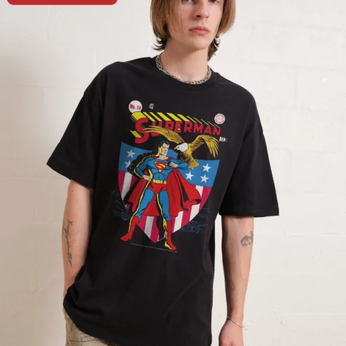 Superman Vintage Comic Book Graphic Tee Black Cotton Retro DC Comics Shirt for Men Women