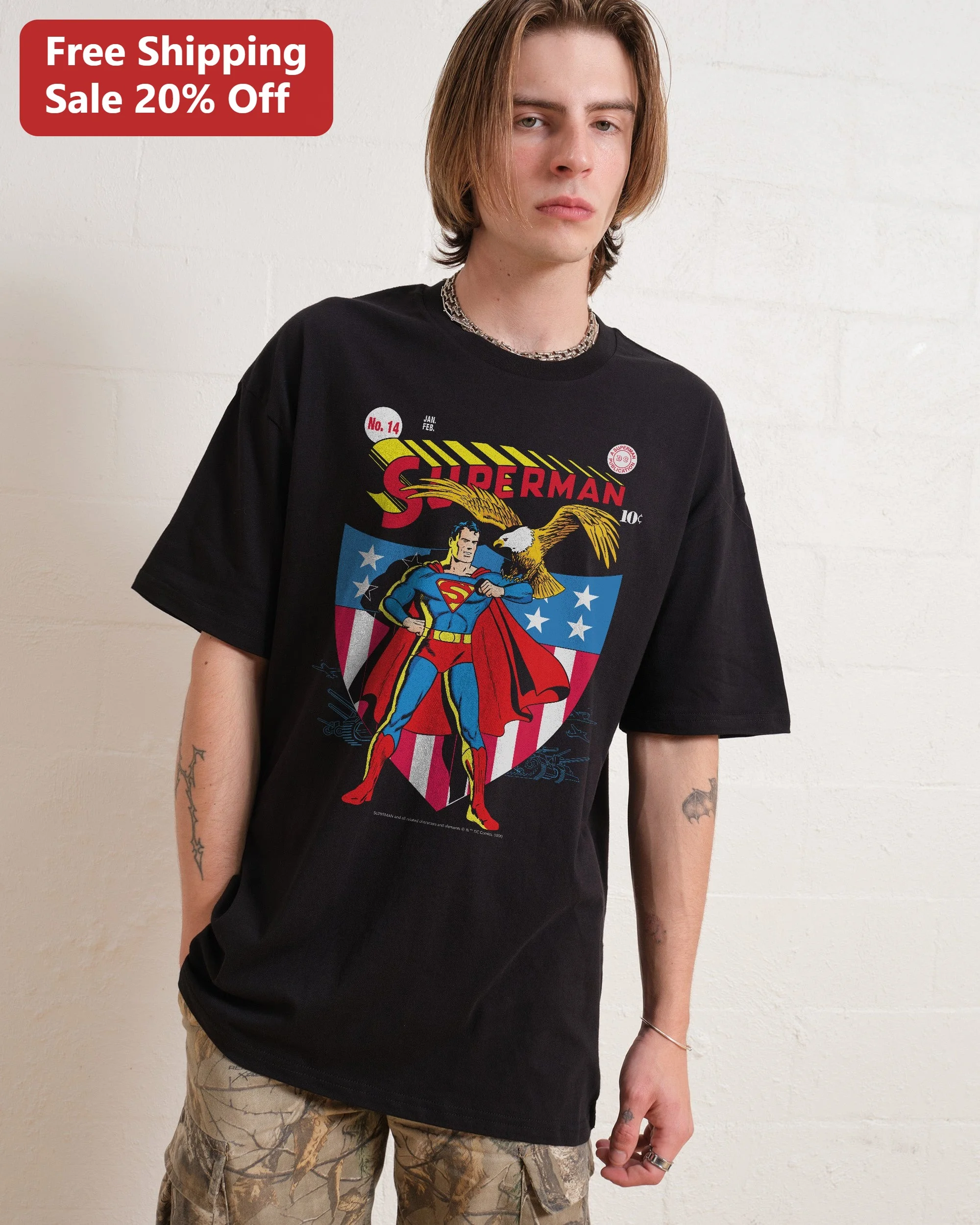 Superman Vintage Comic Book Graphic Tee Black Cotton Retro DC Comics Shirt for Men Women