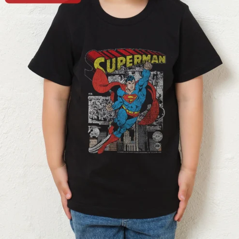 Superman Vintage Comic Panel Kids Tee Black Retro DC Superhero Graphic T-Shirt