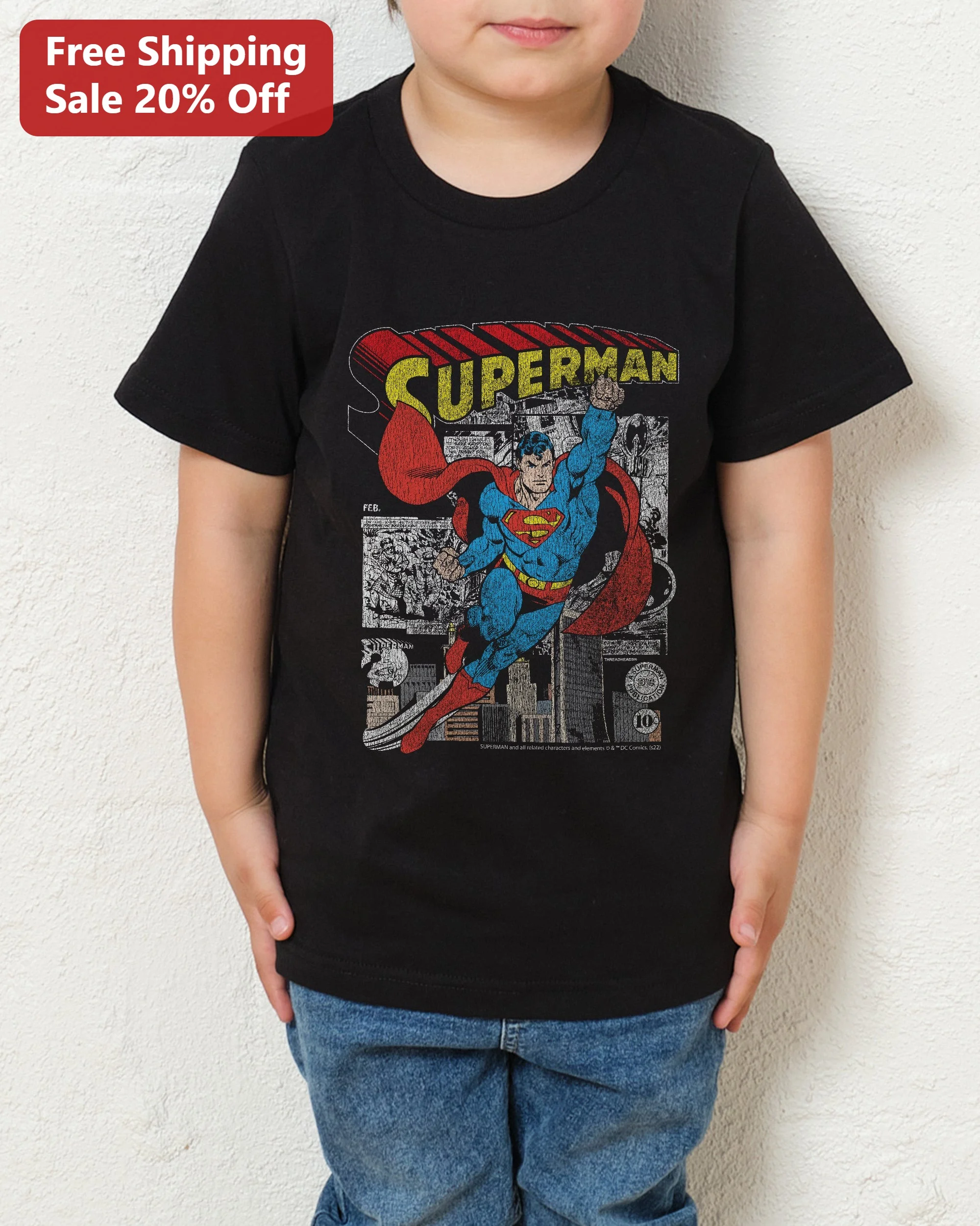 Superman Vintage Comic Panel Kids Tee Black Retro DC Superhero Graphic T-Shirt