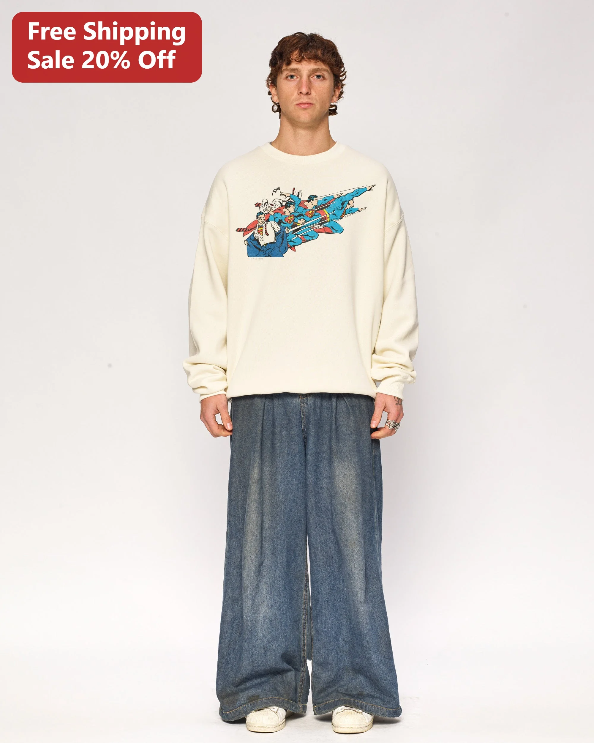 Superman Vintage Comic Transformation Crewneck Sweatshirt Retro DC Comics Apparel for Men