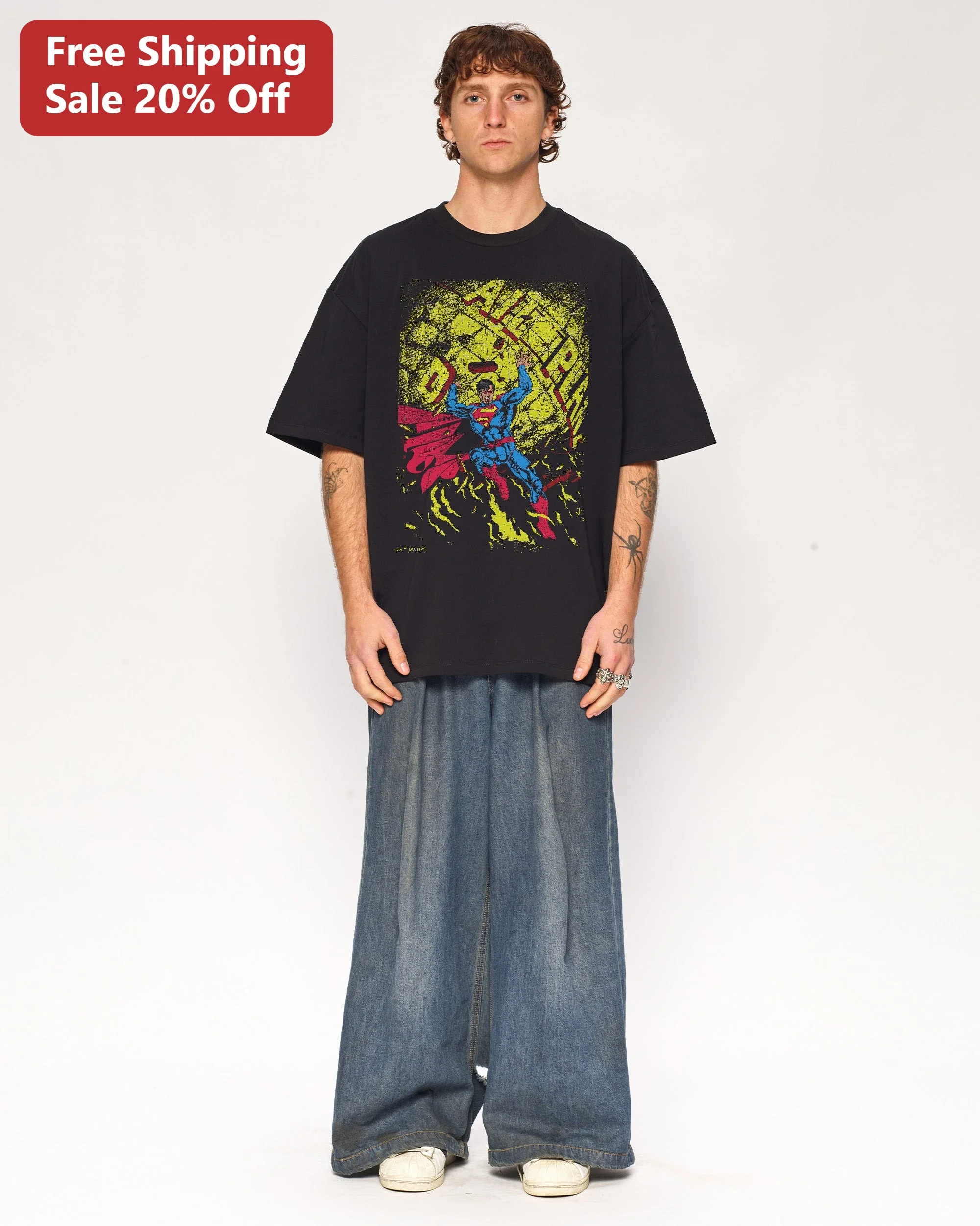 Superman Vintage Distressed Graphic Tee Retro DC Comics Man of Steel Oversized Streetwear Shirt