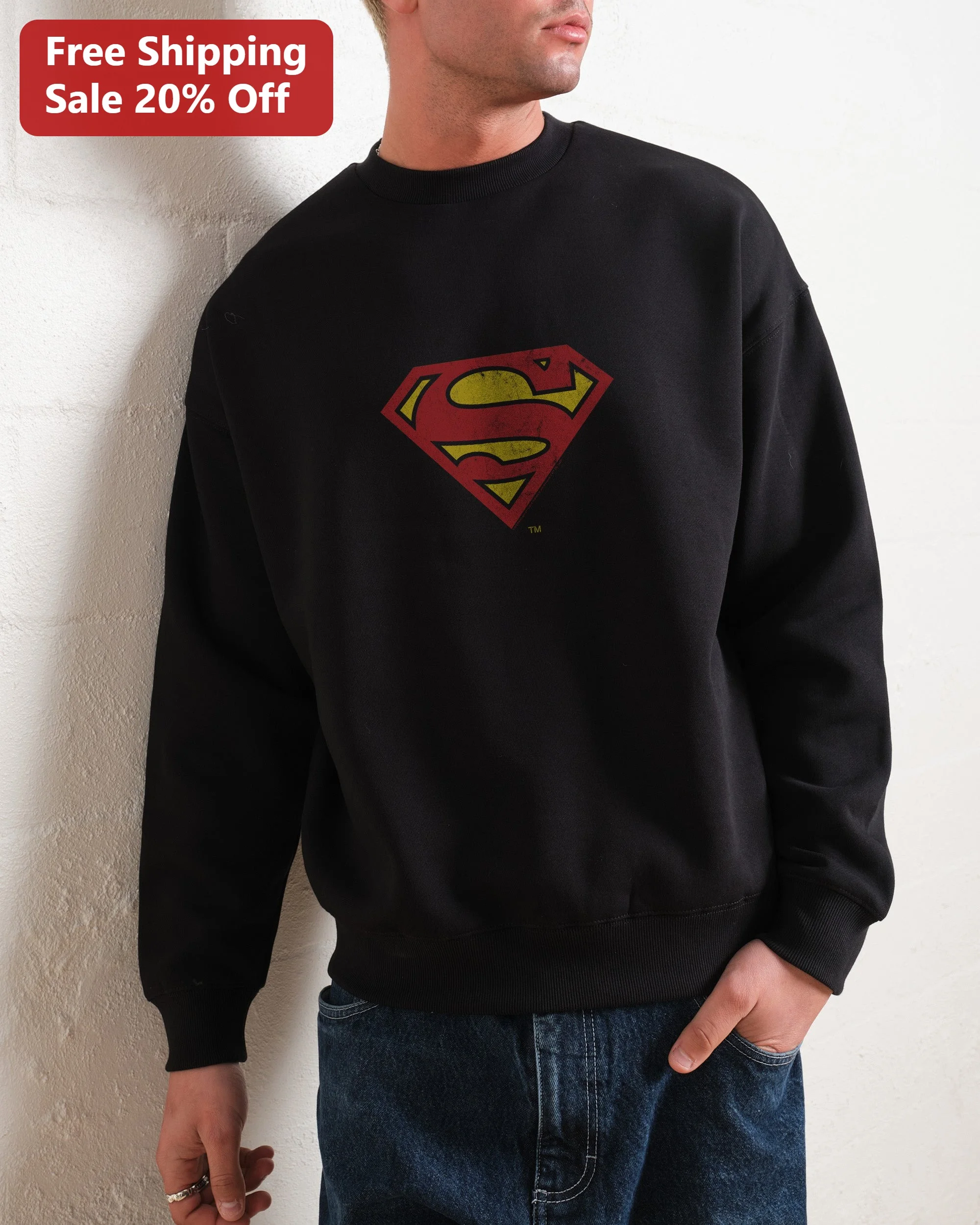 Superman Vintage Distressed Logo Sweatshirt Retro DC Comics Apparel for Men