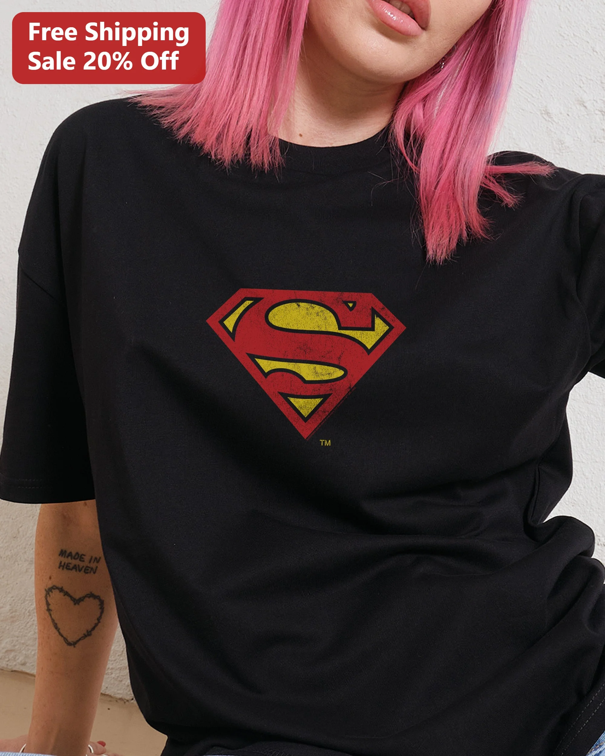 Superman Vintage Distressed Logo Tee Black Retro DC Comics Graphic T-Shirt for Men Women