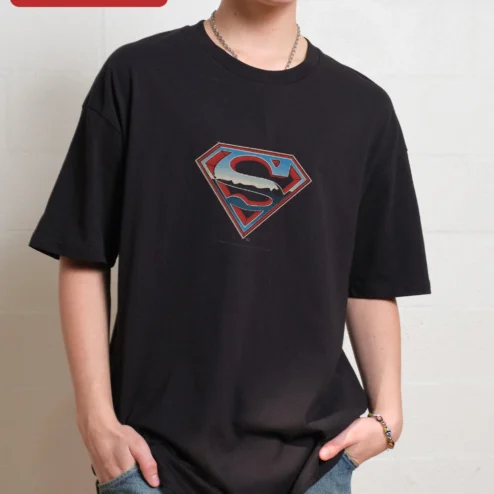 Superman Vintage Logo Tee Black Oversized DC Comics Man of Steel Graphic T-Shirt for Men Women