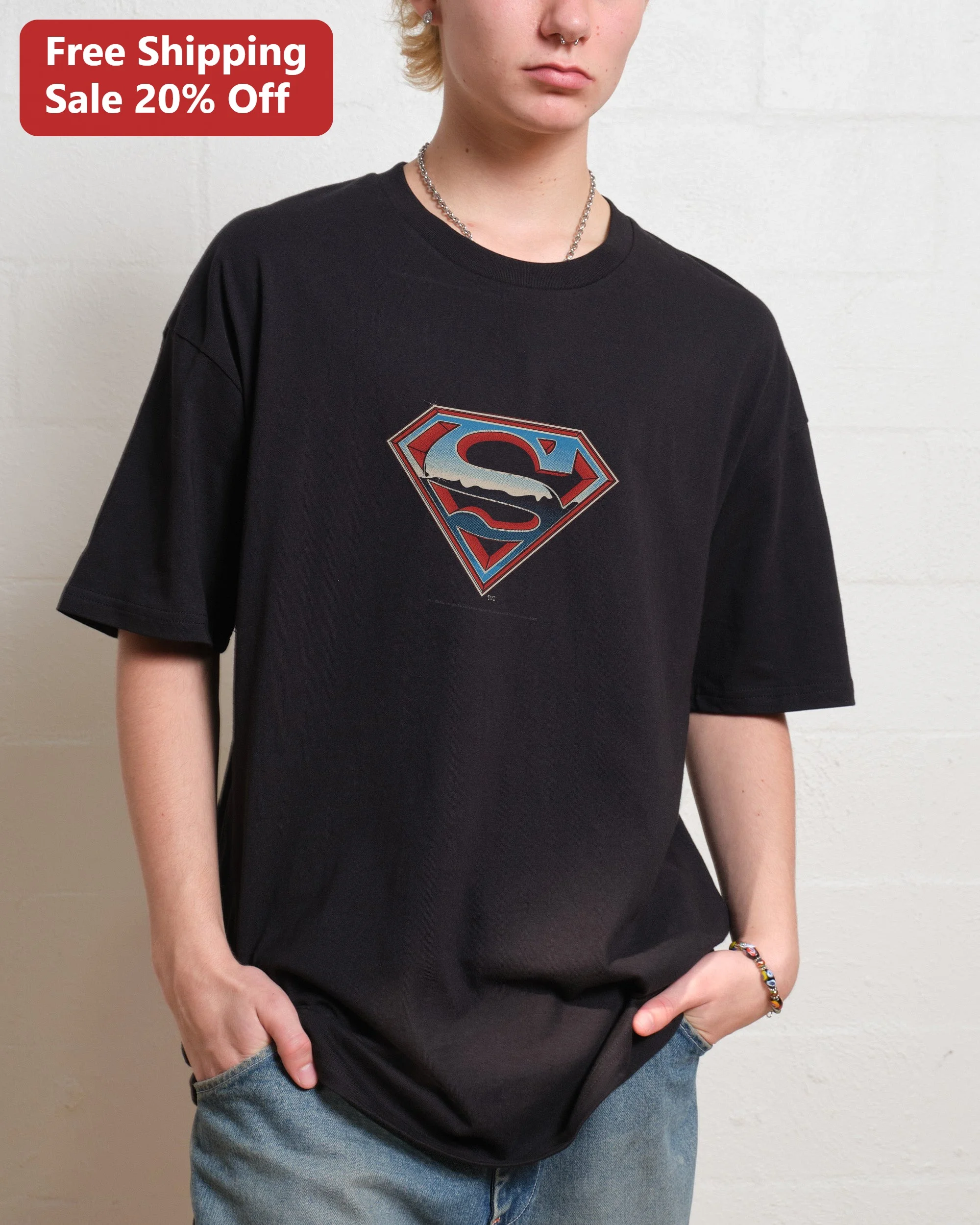 Superman Vintage Logo Tee Black Oversized DC Comics Man of Steel Graphic T-Shirt for Men Women