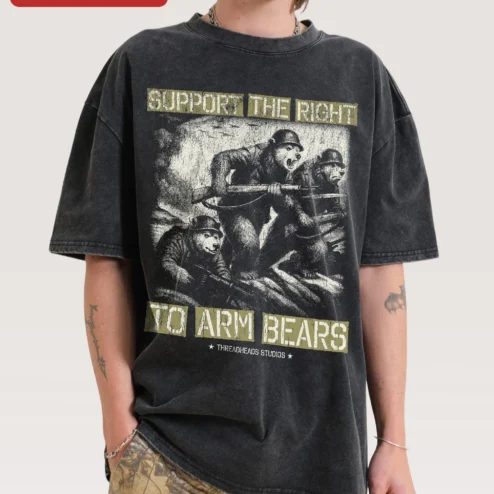 Support The Right To Arm Bears Tee Vintage Political Satire Acid Wash Graphic Shirt on a hanger, ready to ship from Chicago, Illinois