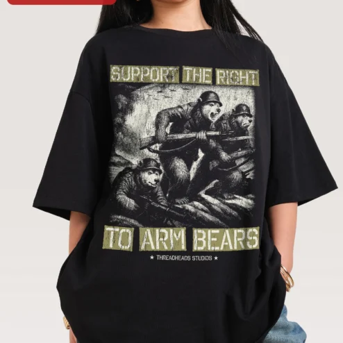 Support The Right To Arm Bears Vintage Distressed Graphic Tee Funny Bear Rights Humor Shirt on a hanger, ready to ship from Chicago, Illinois