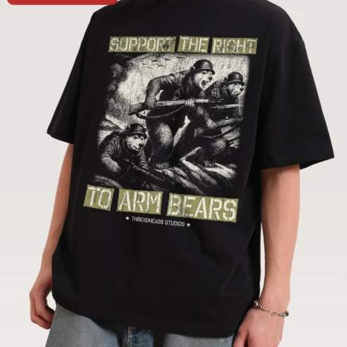 Customer in Chicago, Illinois wearing Support The Right To Arm Bears Vintage Distressed Graphic Tee Funny Bear Rights Humor Shirt