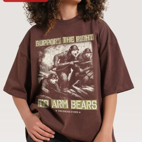 Close-up of Support The Right To Arm Bears Vintage Distressed Graphic Tee Funny Bear Rights Humor Shirt for streetwear fans in Chicago, Illinois