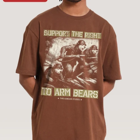 Support The Right To Arm Bears Vintage Graphic Tee Funny Bear Humor Shirt on a hanger, ready to ship from Chicago, Illinois