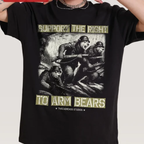 Customer in Chicago, Illinois wearing Support The Right To Arm Bears Vintage Graphic Tee Funny Bear Humor Shirt