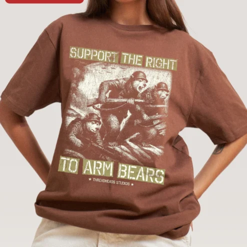 Close-up of Support The Right To Arm Bears Vintage Graphic Tee Funny Bear Humor Shirt for streetwear fans in Chicago, Illinois