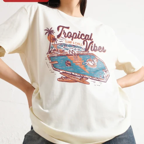 Surf Chill Tropical Vibes Graphic Tee Retro Beach Summer Vacation Shirt for Women
