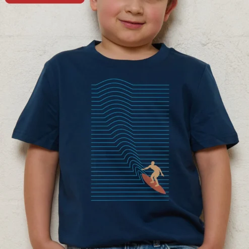 Surfer Wave Line Art Tee Kids Retro Minimalist Surfing Shirt for Boys Girls Beach Gift on a hanger, ready to ship from Chicago, Illinois