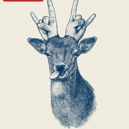 Surreal Deer Rock On Graphic Tee Metal Music Fan Gift on a hanger, ready to ship from Chicago, Illinois