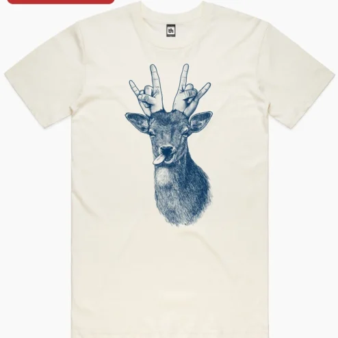 Customer in Chicago, Illinois wearing Surreal Deer Rock On Graphic Tee Metal Music Fan Gift