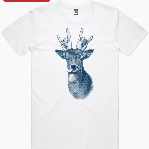 Close-up of Surreal Deer Rock On Graphic Tee Metal Music Fan Gift for streetwear fans in Chicago, Illinois