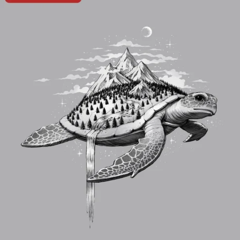 Surreal Mountain Turtle Shell Landscape Tee for Nature Lovers on a hanger, ready to ship from Chicago, Illinois