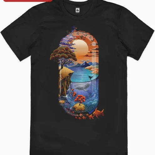 Close-up of Surreal Nature Landscape Capsule Art Poster Sunset Ocean Whale Jellyfish Wall Decor for streetwear fans in Chicago, Illinois