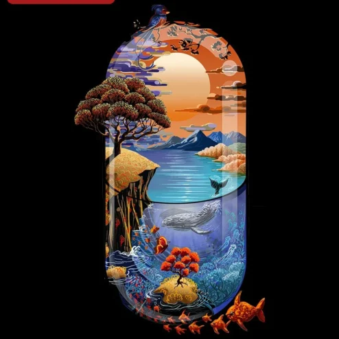 Surreal Nature Landscape Capsule Art Poster Sunset Ocean Whale Jellyfish Wall Decor
