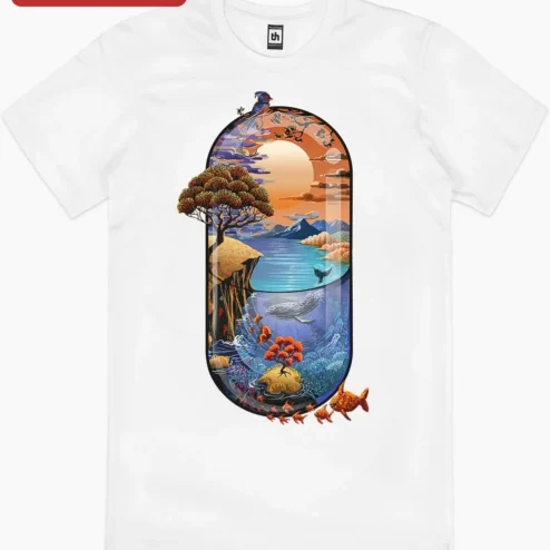 Customer in Chicago, Illinois wearing Surreal Nature Landscape Capsule Art Poster Sunset Ocean Whale Jellyfish Wall Decor