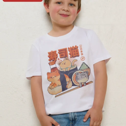 Sushi Cat Kawaii Tee Cute Neko Sushi Pieces Graphic Shirt for Kids and Cat Lovers