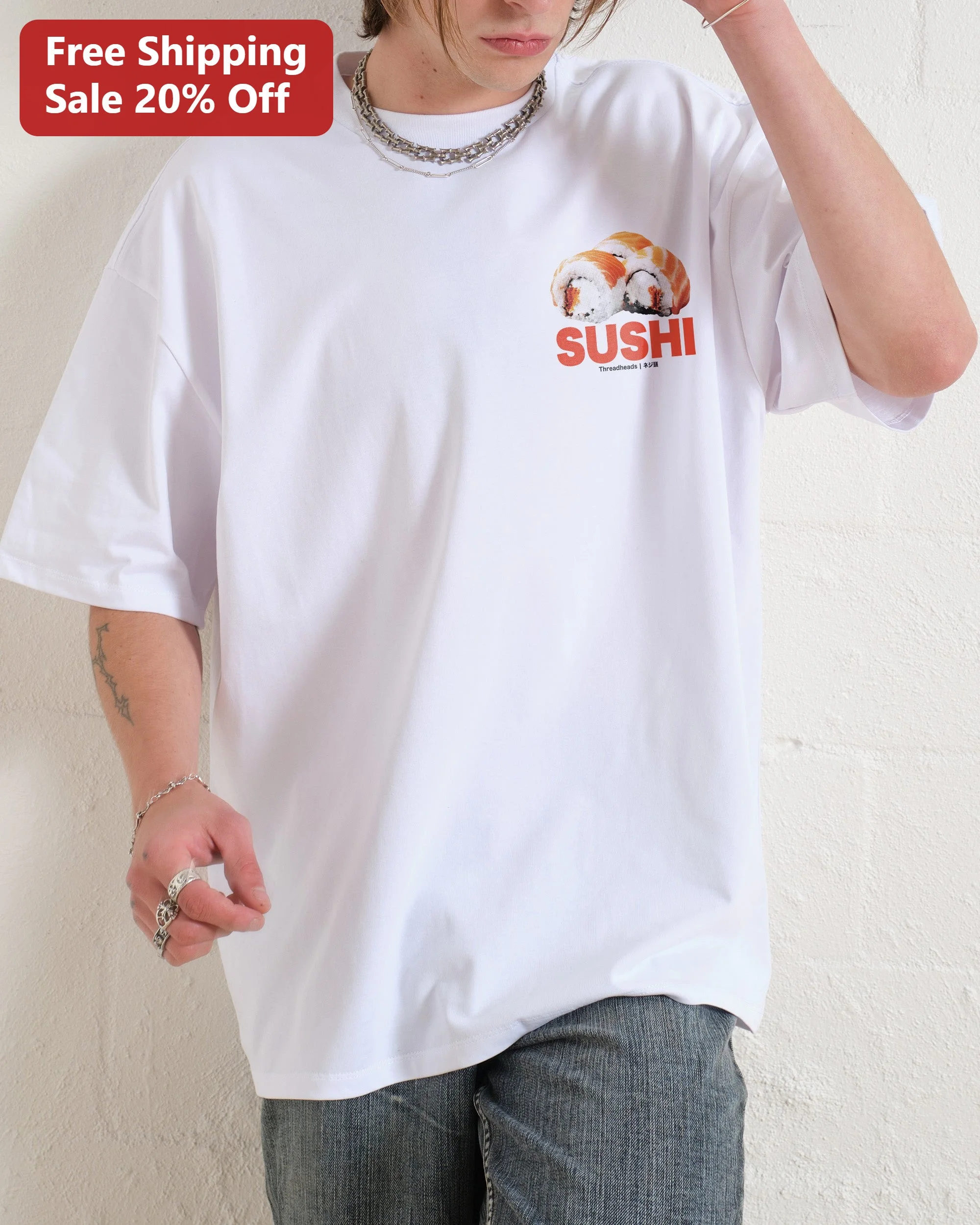 Sushi Kawaii Oversized Graphic Tee for Men Women Foodie Gift