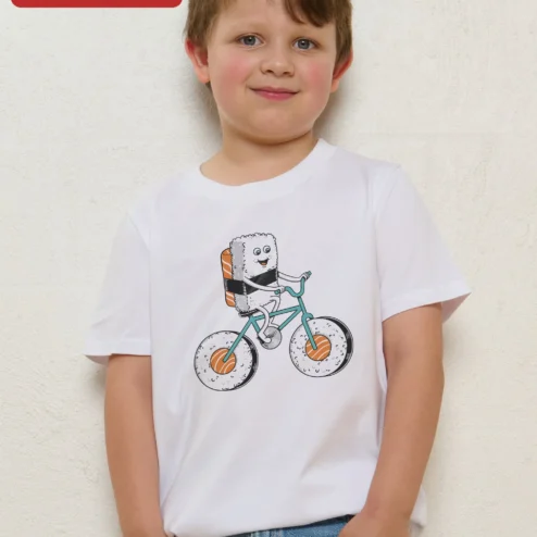 Sushi Riding a Bicycle Tee Cute Cartoon Sushi Roll Bike Graphic T-Shirt for Kids and Foodies