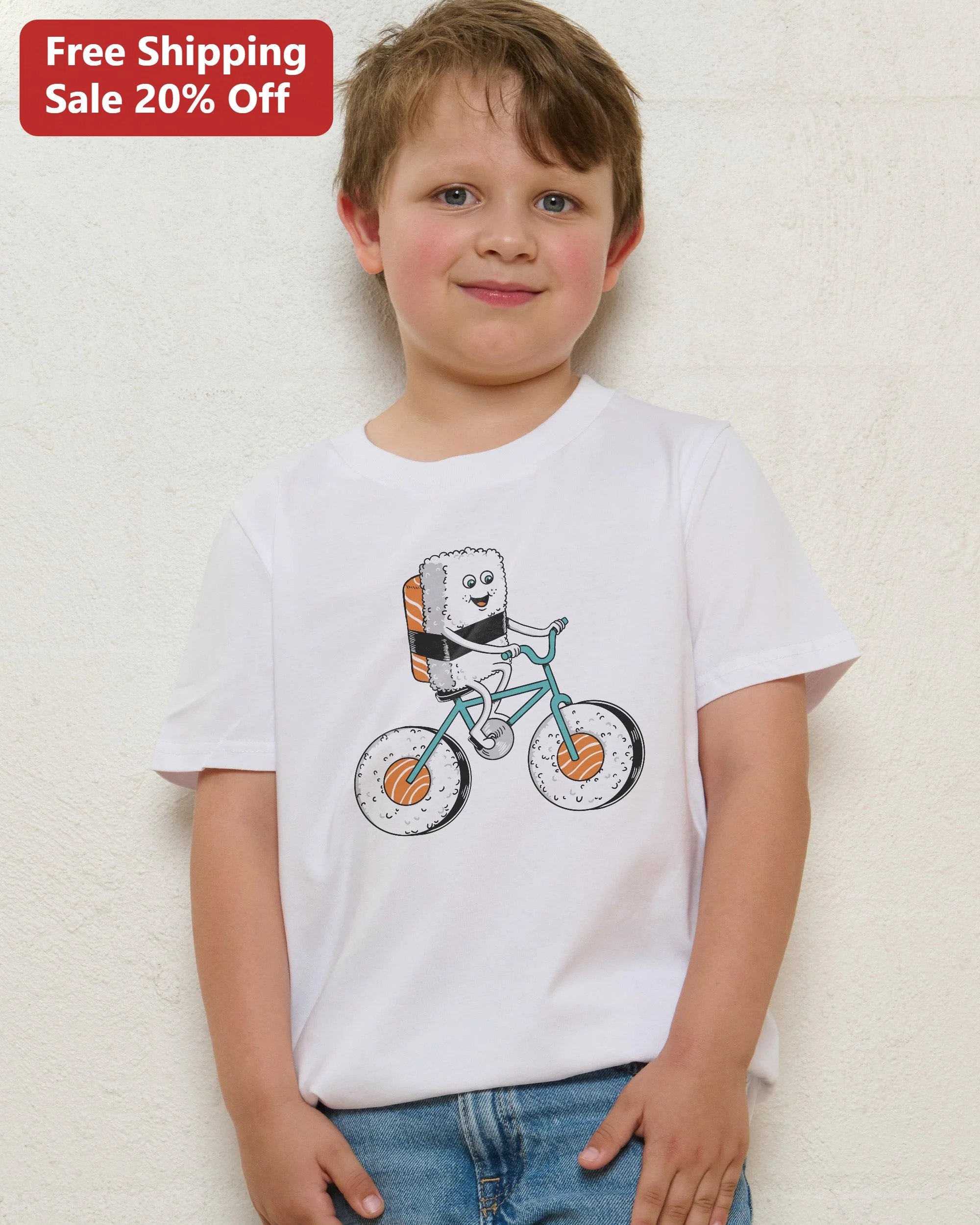 Sushi Riding a Bicycle Tee Cute Cartoon Sushi Roll Bike Graphic T-Shirt for Kids and Foodies