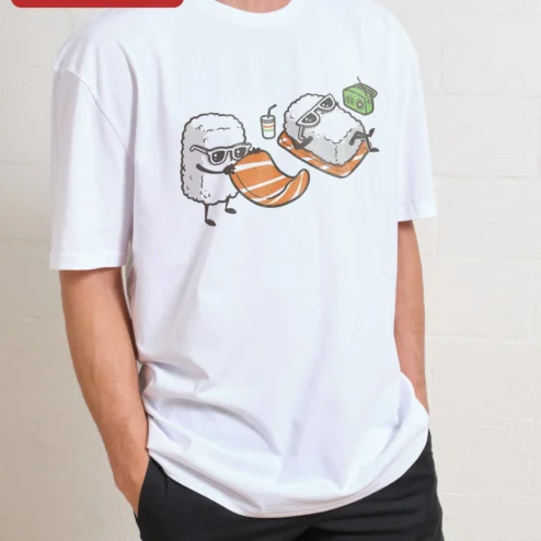 Sushi Surfer Characters Graphic Tee Cute Kawaii Foodie Summer Beach Apparel Gift